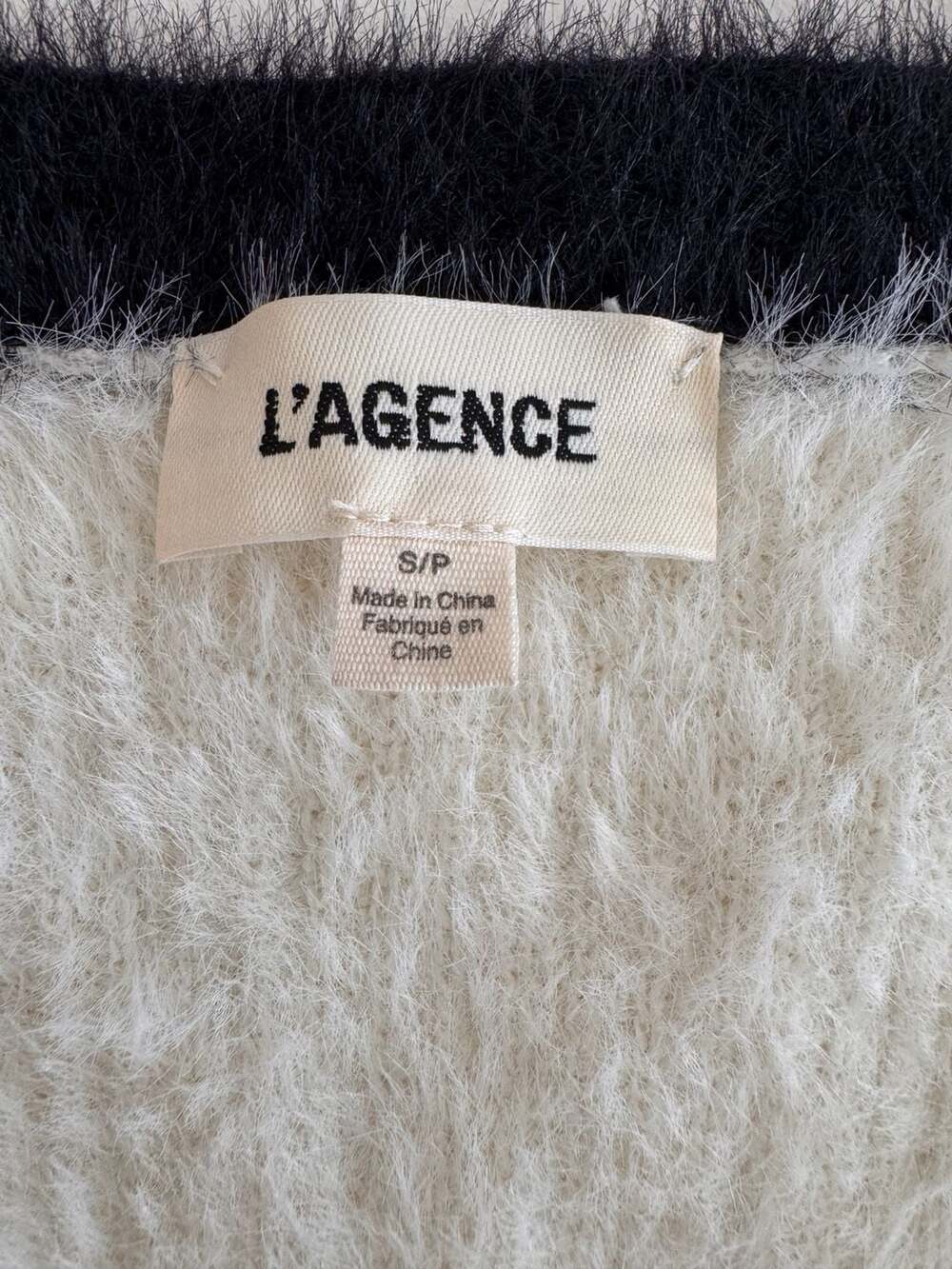L'Agence Cardigan Size S/P White Black Fuzzy Short Sleeve - Picture 4 of 5